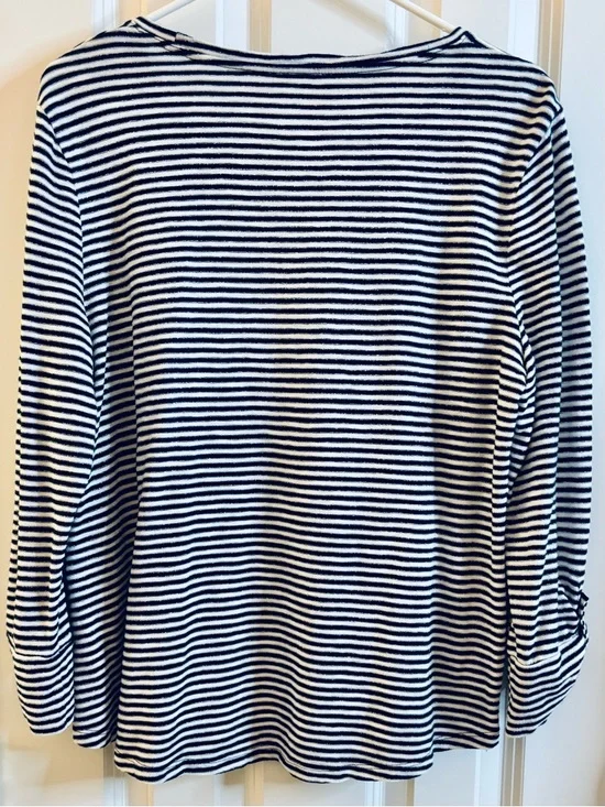 Chico's Top Knit Navy White Silver Stripe roll-tab 3/4 Sleeve Scoop casual large - Picture 4 of 8